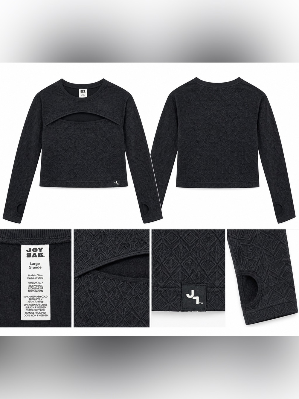 JoyLab Black Textured Cutout Cropped Long Sleeve Workout Top L
